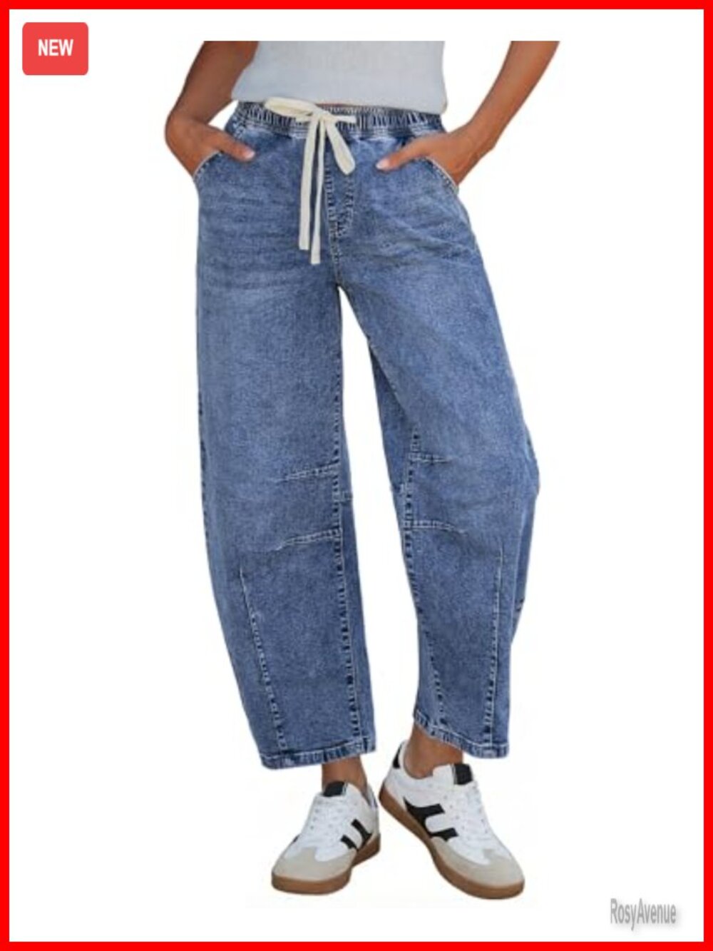 Barrel Jeans High Rise Pull On Elastic Waist Crop Denim Pants